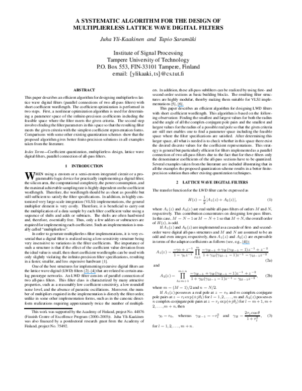 (PDF) A systematic algorithm for the design of multiplierless lattice ...