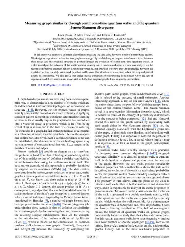 (PDF) Measuring graph similarity through continuous-time quantum walks ...