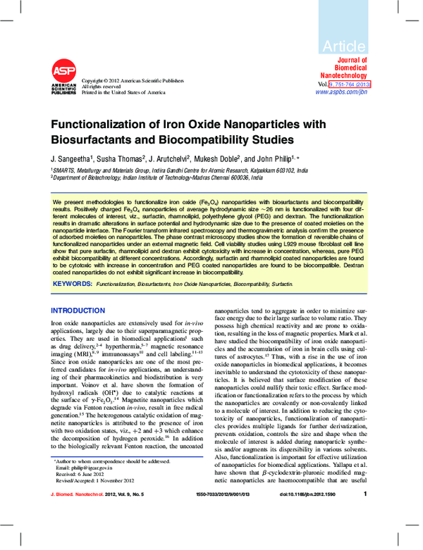 (PDF) Functionalization of iron oxide nanoparticles with biosurfactants ...
