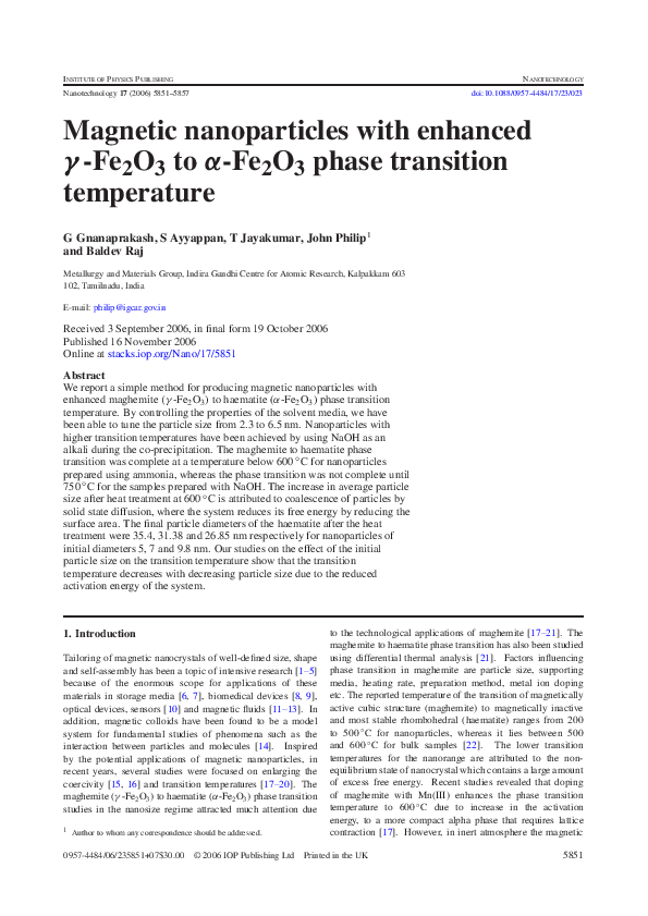 (PDF) Magnetic nanoparticles with enhanced γ-Fe 2 O 3 to α-Fe 2 O 3 ...