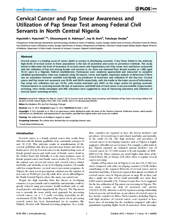 (PDF) Cervical Cancer and Pap Smear Awareness and Utilization of Pap ...