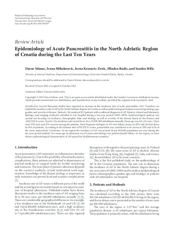 (PDF) Epidemiology of Acute Pancreatitis in the North Adriatic Region ...