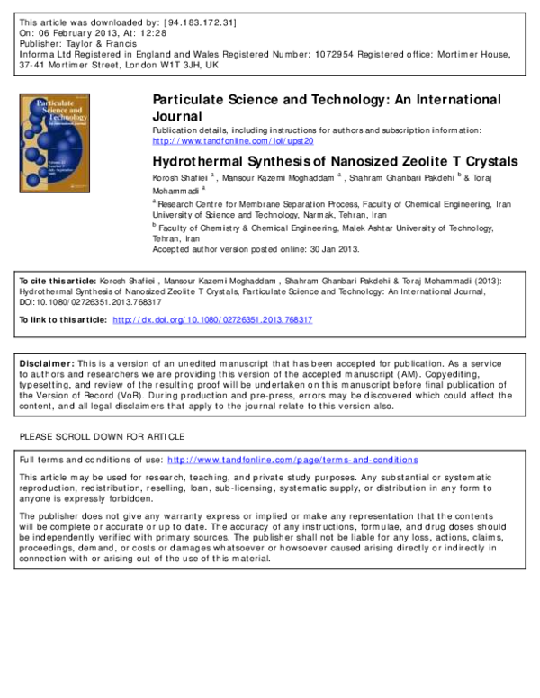 (PDF) Hydrothermal synthesis of nanosized zeolite T crystals
