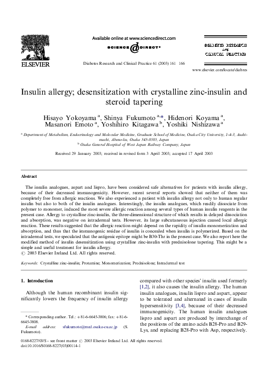 (PDF) Insulin allergy; desensitization with crystalline zincinsulin