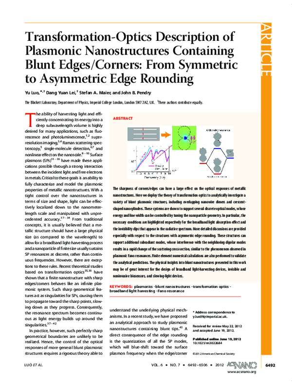 (PDF) Transformation-Optics Description of Plasmonic Nanostructures ...