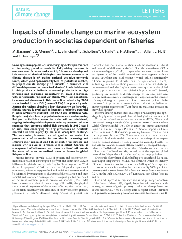 (PDF) Impacts of climate change on marine ecosystem production in ...