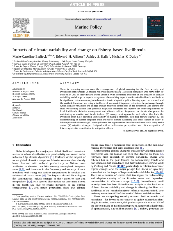 (PDF) Impacts of climate variability and change on fishery-based ...