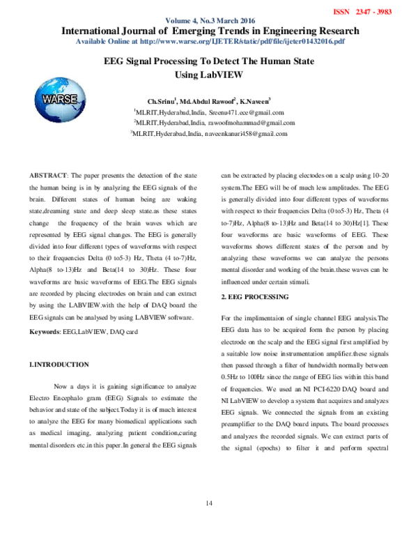 (PDF) EEG Signal Processing To Detect The Human State Using LabVIEW