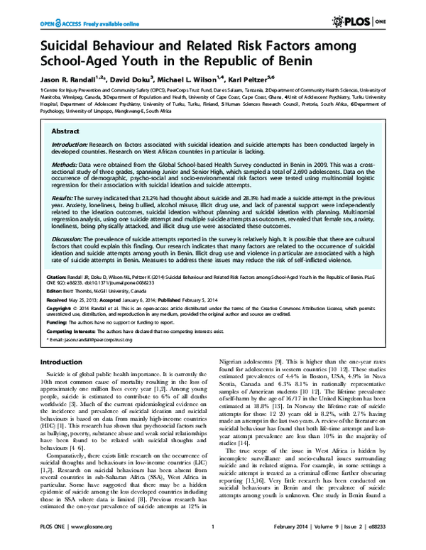 (PDF) Suicidal Behaviour and Related Risk Factors among School-Aged ...