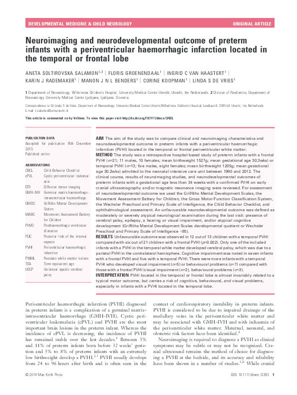 (PDF) Neuroimaging and Neurodevelopmental Outcome of Premature Infants
