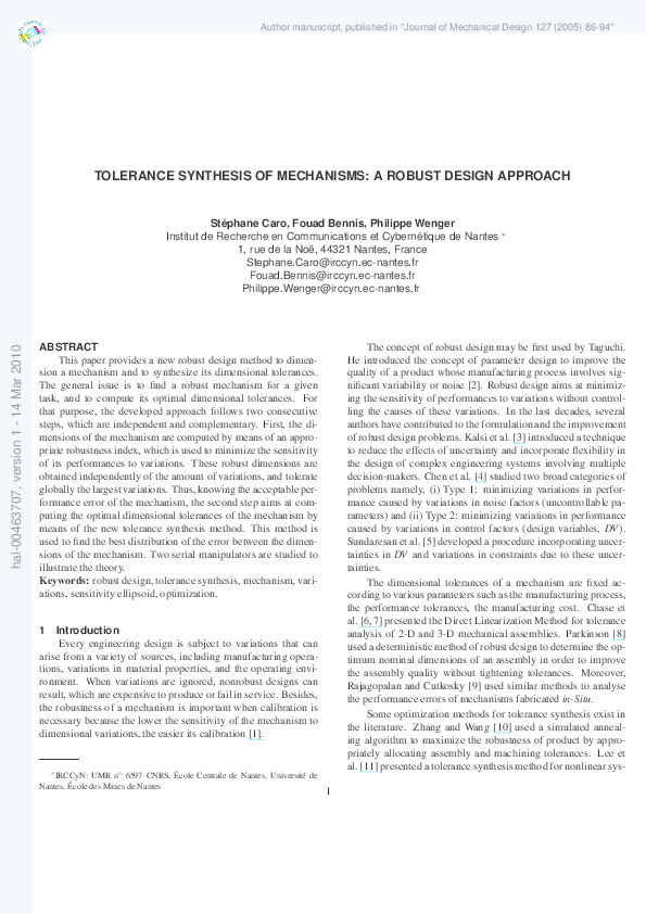 (PDF) Tolerance Synthesis of Mechanisms: A Robust Design Approach