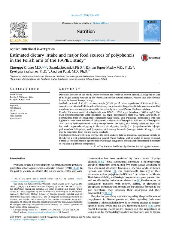 (PDF) Estimated dietary intake and major food sources of polyphenols in ...