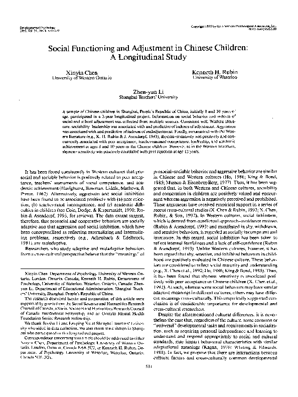 (PDF) Social functioning and adjustment in Chinese children: A ...