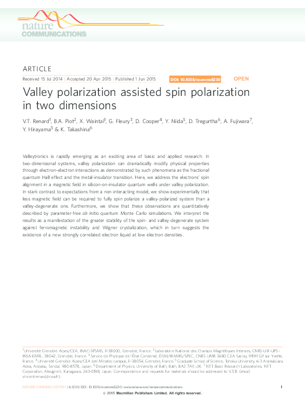 (PDF) Valley polarization assisted spin polarization in two dimensions
