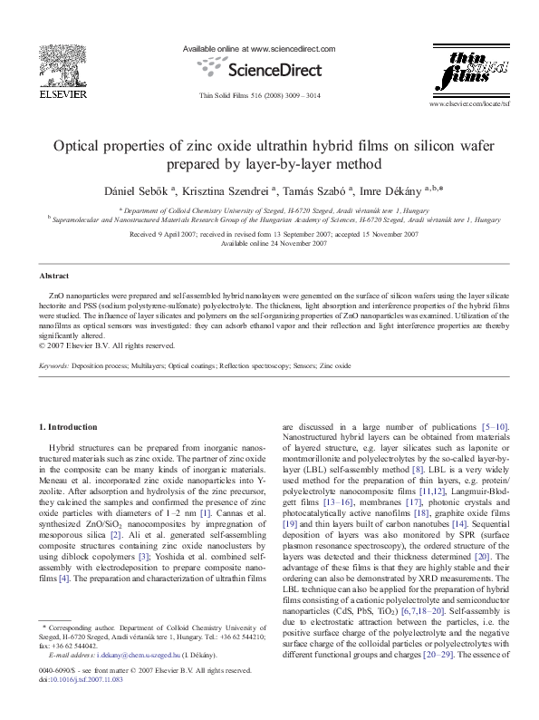 (PDF) Optical properties of zinc oxide ultrathin hybrid films on ...