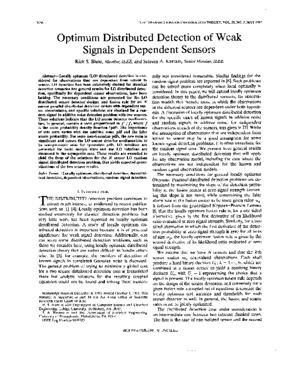 (PDF) Optimum distributed detection of weak signals in dependent sensors