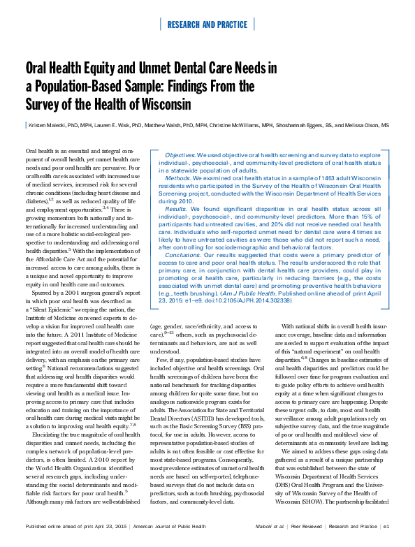 (PDF) Oral Health Equity and Unmet Dental Care Needs in a Population ...