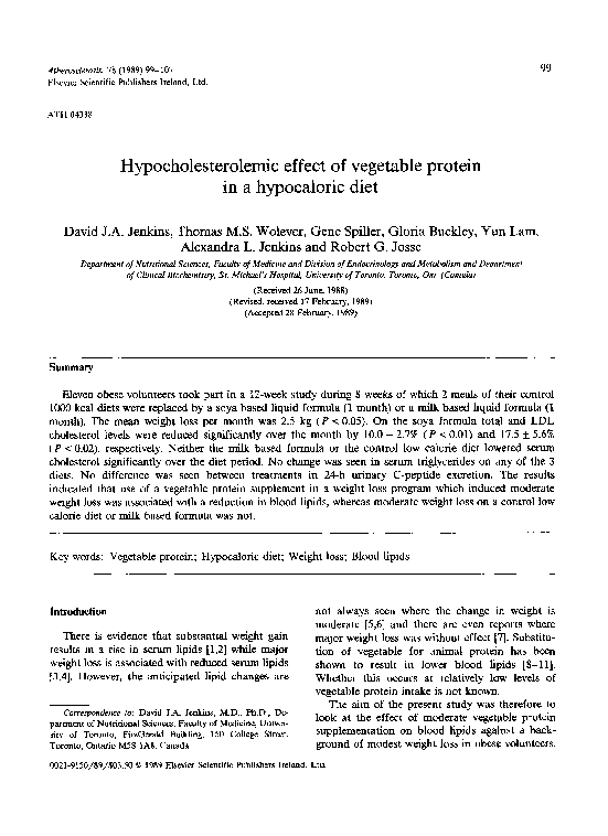 (PDF) Hypocholesterolemic effect of vegetable protein in a hypocaloric diet
