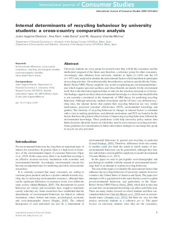 (PDF) Internal determinants of recycling behaviour by university ...