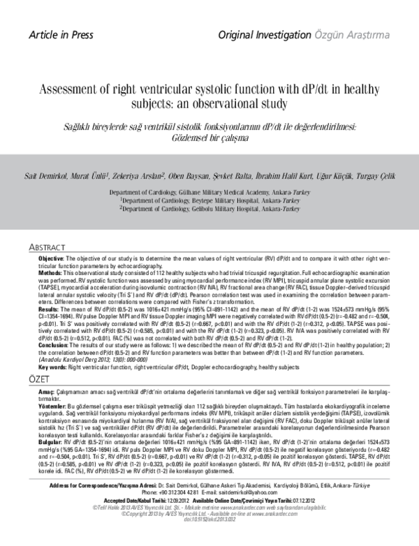 (PDF) Assessment of right ventricular systolic function with dP/dt in