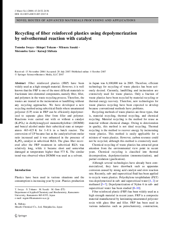(PDF) Recycling of fiber reinforced plastics using depolymerization by solvothermal reaction