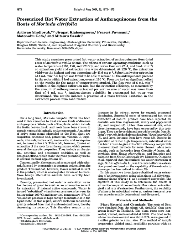 (PDF) Pressurized Hot Water Extraction of Anthraquinones from the Roots