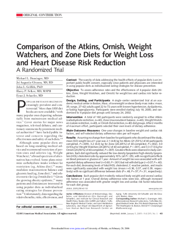 (PDF) Comparison of the Atkins, Ornish, Weight Watchers, and Zone Diets