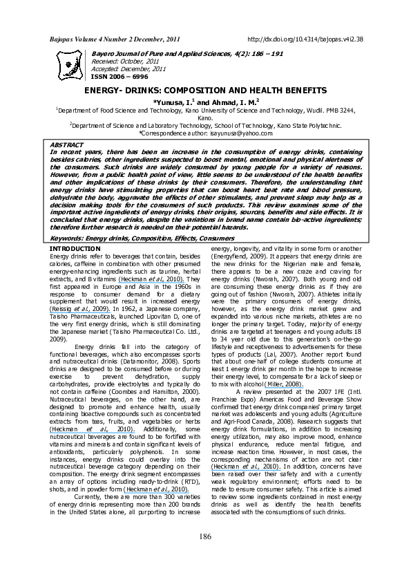 (PDF) Energy Drinks Composition and Health Benefits Ahmad Isah