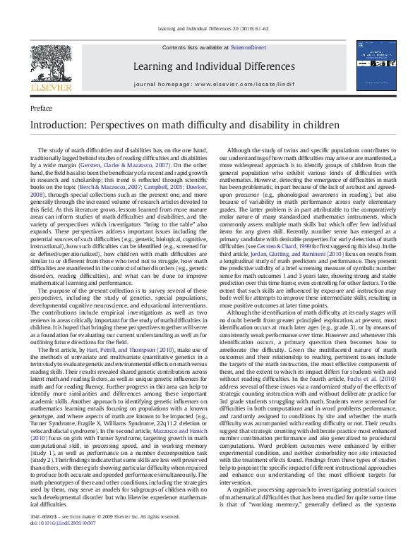 (PDF) Introduction: Perspectives on math difficulty and disability in ...