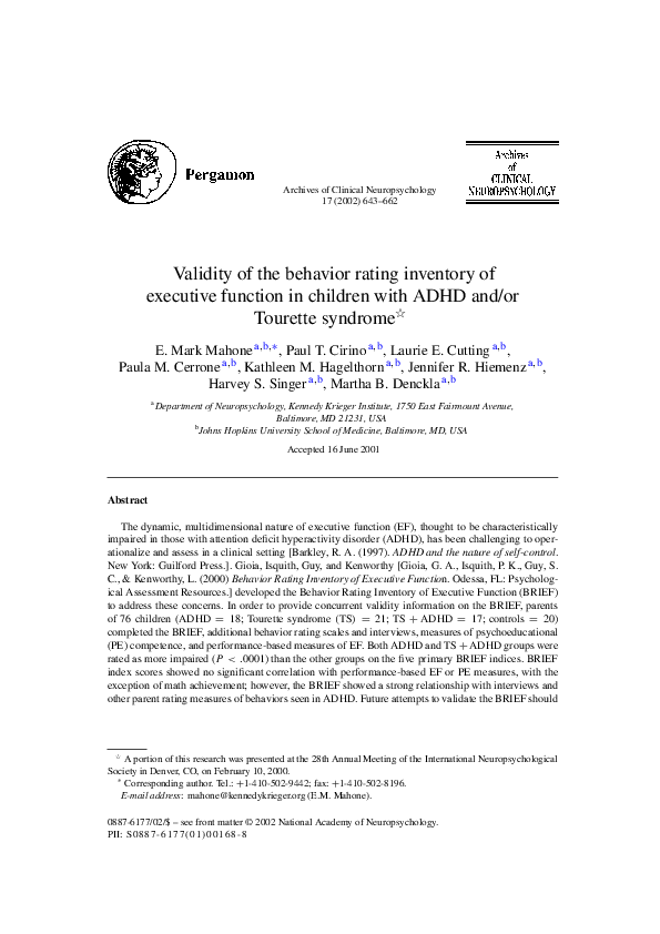 (PDF) Validity of the behavior rating inventory of executive function ...