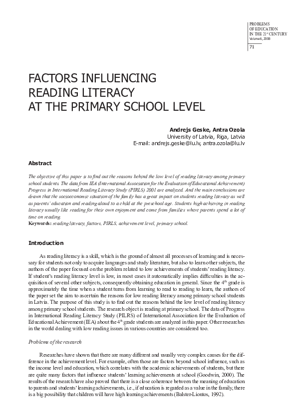 (PDF) FACTORS INFLUENCINg READINg LITERACy AT THE PRImARy SCHOOL LEVEL