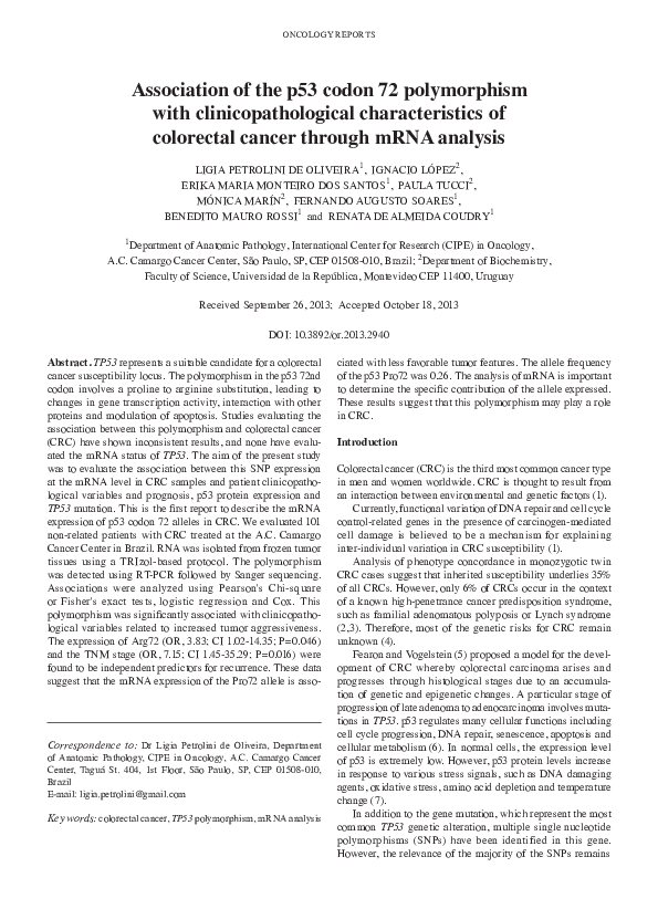 (PDF) Association of the p53 codon 72 polymorphism with ...