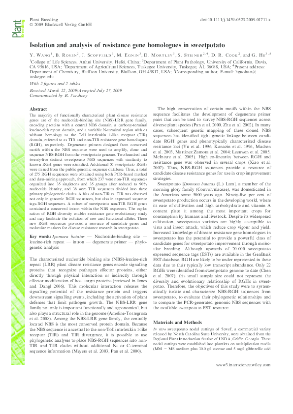 (PDF) Isolation and analysis of resistance gene homologues in sweetpotato Marceline Egnin and