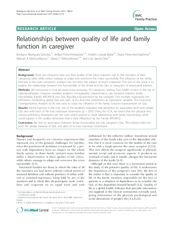 (PDF) Relationships between quality of life and family function in ...