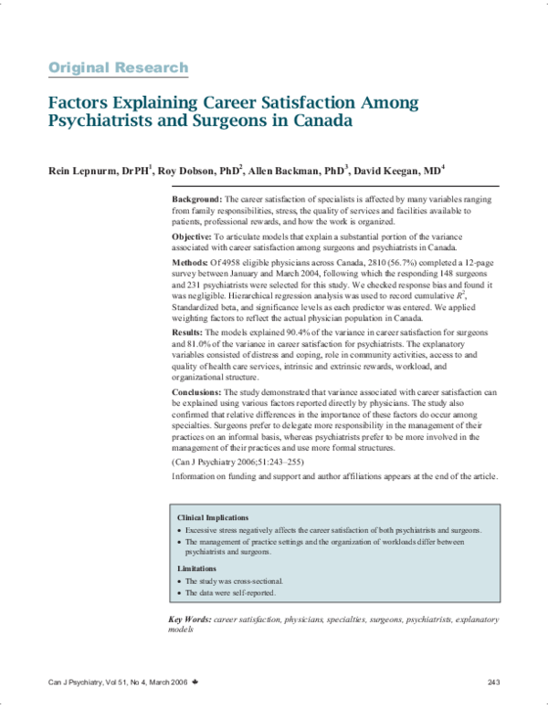 (PDF) Factors explaining career satisfaction among psychiatrists and