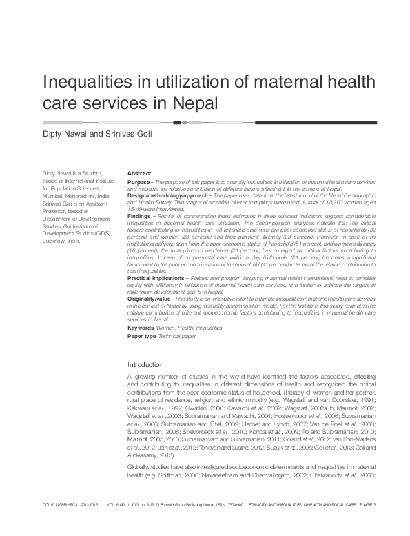 (PDF) Inequalities in utilization of maternal health care services in Nepal