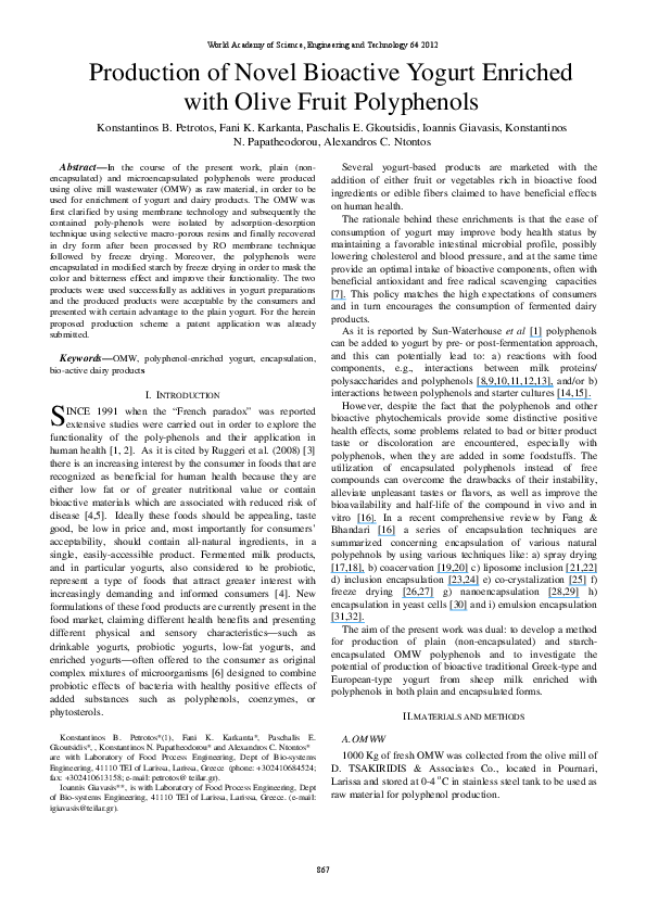 (PDF) Production of Novel Bioactive Yogurt Enriched with Olive Fruit