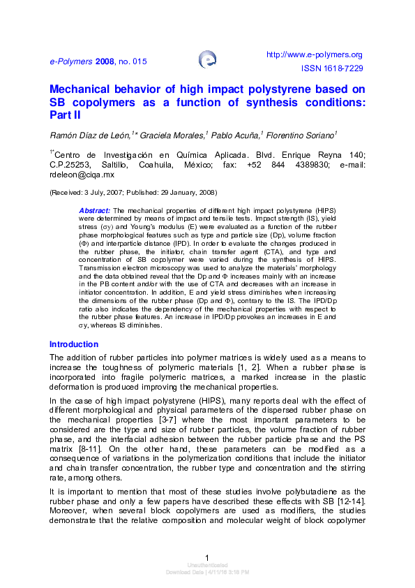(PDF) Mechanical behavior of high impact polystyrene based on SB ...