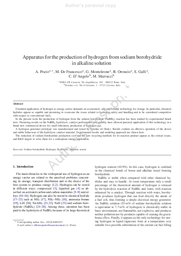 (PDF) Apparatus for the production of hydrogen from sodium borohydride ...
