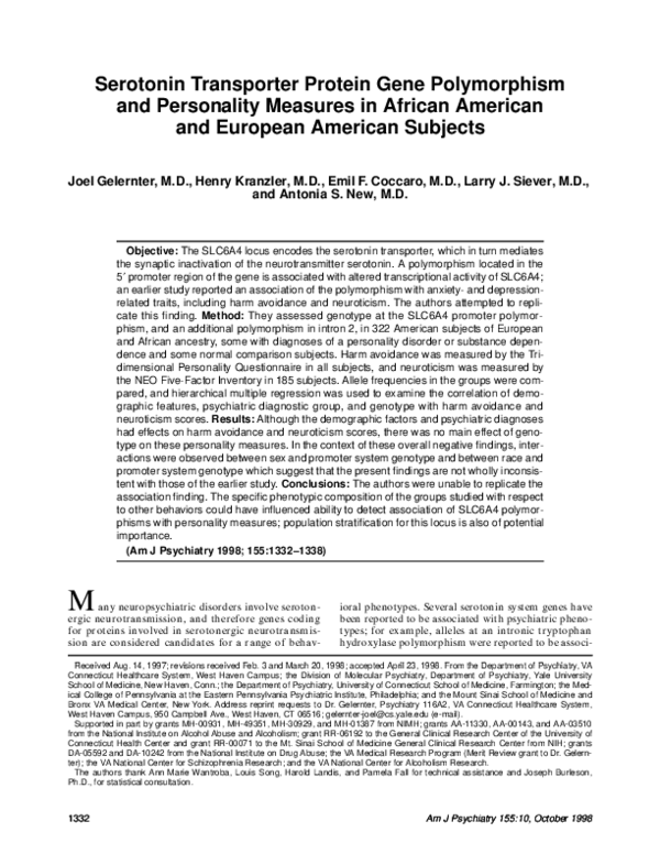 (PDF) Serotonin transporter protein gene polymorphism and personality ...