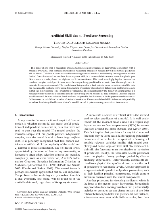 (PDF) Artificial Skill due to Predictor Screening