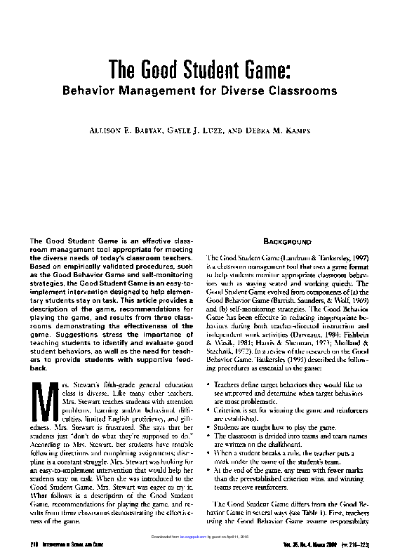 (PDF) The Good Student Game: Behavior Management for Diverse Classrooms