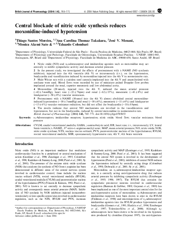 (PDF) Central blockade of nitric oxide synthesis reduces moxonidine