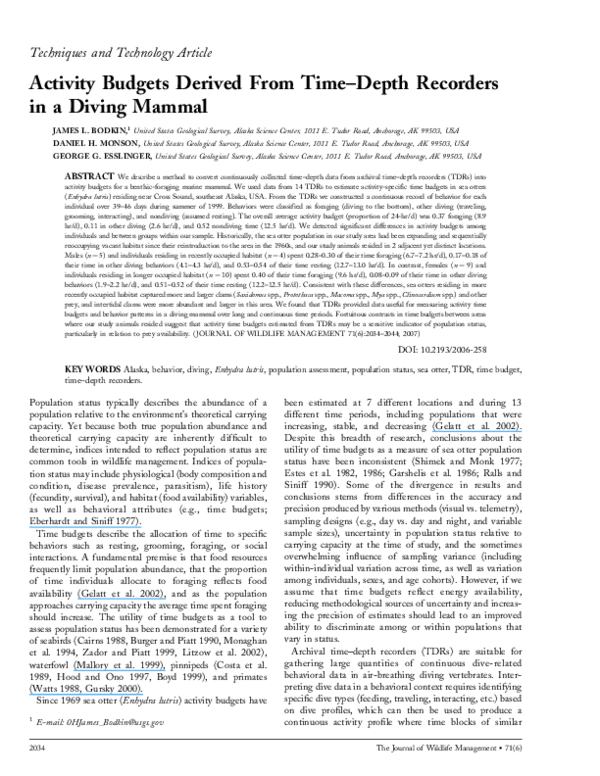 (PDF) Activity Budgets Derived From Time–Depth Recorders in a Diving Mammal