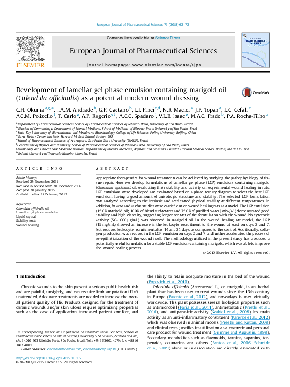 Pdf Development Of Lamellar Gel Phase Emulsion Containing Marigold Oil Calendula Officinalis As A Potential Modern Wound Dressing Marco Andrey Cipriani Frade C Okuma Thiago A M Andrade And Lorenzo Finci