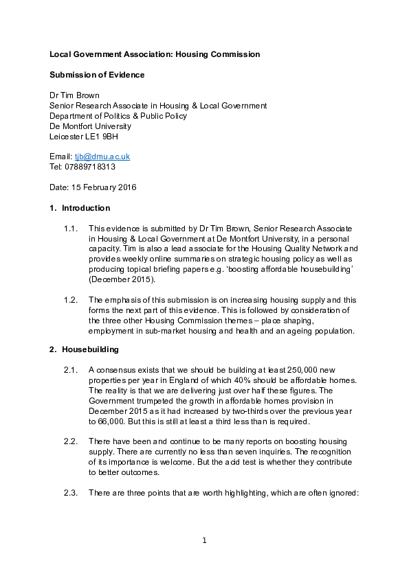 (DOC) Local Government Association Housing Commission Evidence Tim
