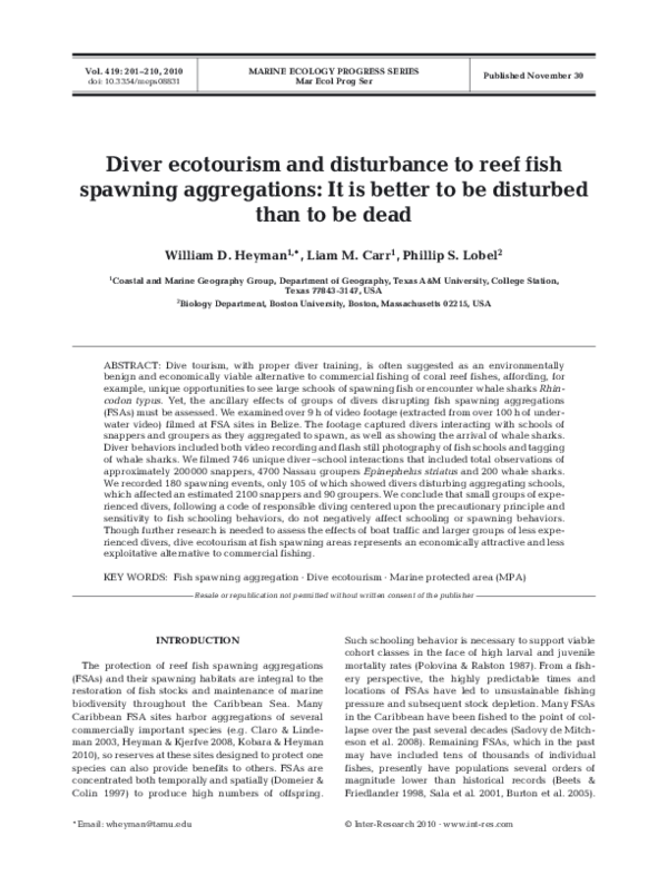 (PDF) Diver ecotourism and disturbance to reef fish spawning ...