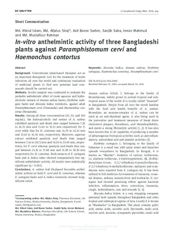 (PDF) In-vitro anthelmintic activity of three Bangladeshi plants ...
