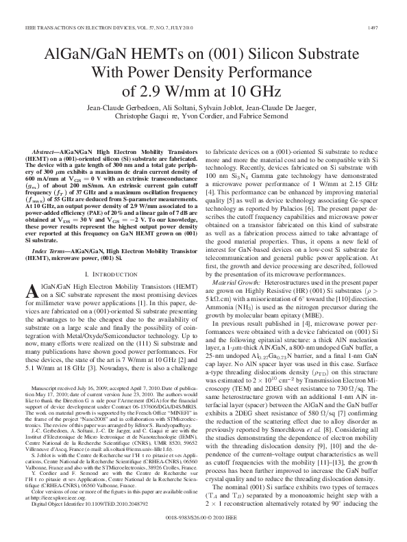 (PDF) AlGaN/GaN HEMTs on (001) Silicon Substrate With Power Density ...