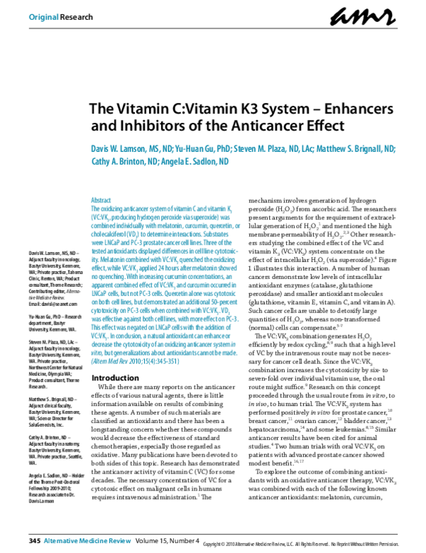 (PDF) Interactions of Vitamin C and K3 with Antioxidants in Cancer